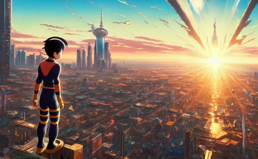 Prompt: Panoramic city view of the anime character Astroboy, golden hour sunlight, award winning painting, artstation, concept art, digital painting, Unreal Engine 5, 8K, art by artgerm and greg rutkowski and makoto shinkai and alphonse mucha and ross tran