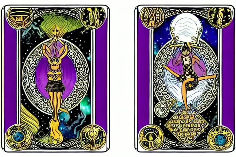 Image similar to tarot card designs featuring magic gemstones, ornate pattern borders