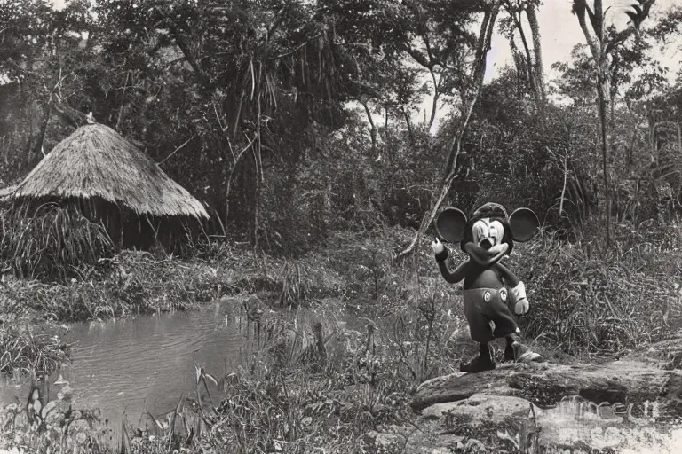 Image similar to a 1 9 0 5 colonial closeup photograph of mickey mouse in a village at the river bank of congo, thick jungle, wide angle shot