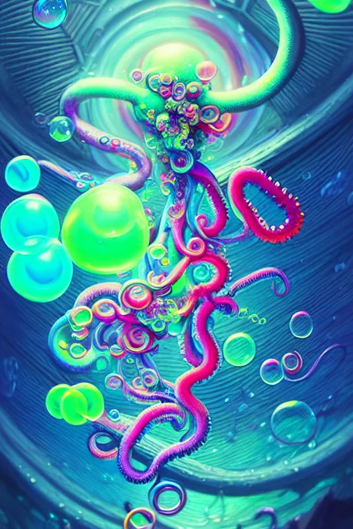 Image similar to neon clouds colorful and bubbles being by tentacles, dmt, psilocybin, lsd, detailed, intricate, elegant, highly detailed, digital painting, artstation, concept art, smooth, sharp focus, illustration, art by hana yata, and artem demura and beeple, octane render, unreal engine, 8 k