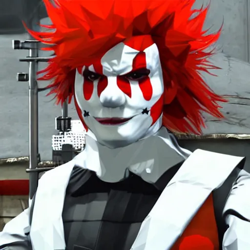 Image similar to image of ronald mcdonald, white face, red afro, red nose and yellow outfit as an enemy in metal gear solid 1 video game, with low poly playstation 1 graphics, upscaled to high resolution