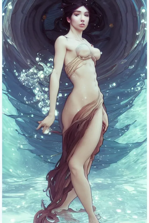 Prompt: full body underwater windy hair zero gravity floating seductive meditation goddess in the style of artgerm, wlop, greg rutkowski, alphonse mucha and ayami kojima, realistic details, volumetric lighting, very very very very beautiful symmetrical face, trending on artstation, artstationhd, artstationhq, unreal engine, 4 k, 8 k