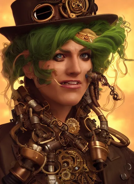 Image similar to steampunk pirate portrait of shehulk, hyper detailed, digital art, cinematic lighting, studio quality, smooth render, unreal engine 5, octane rendered, art style by klimt and nixeu and ian sprigger and wlop and krenz cushart.