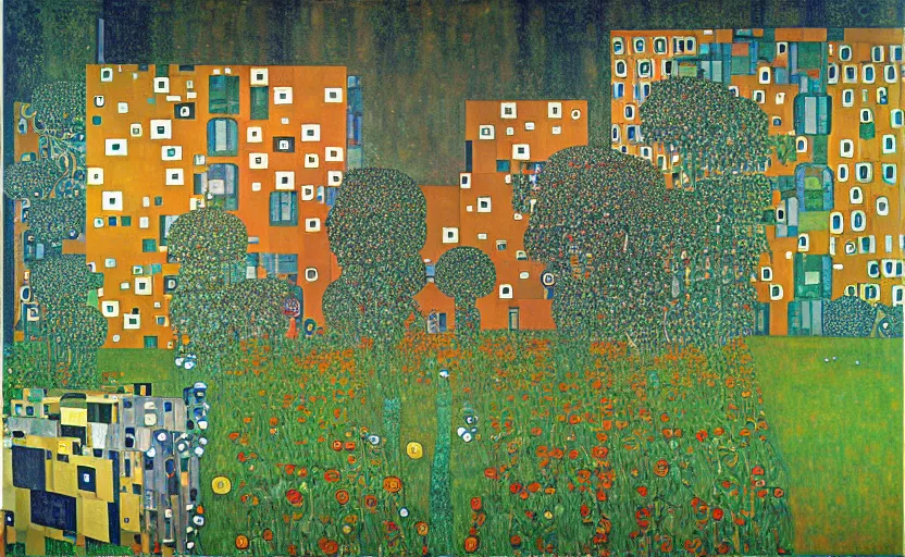 Image similar to geometric painting of industrial buildings surrounded by undergrowth by gustav klimt