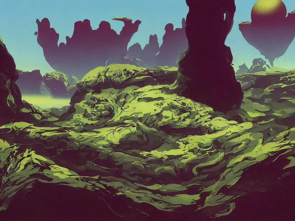 Image similar to Alien landscape by Roger Dean, floating mountains and gradient sky; very fine detail, 8k rendering