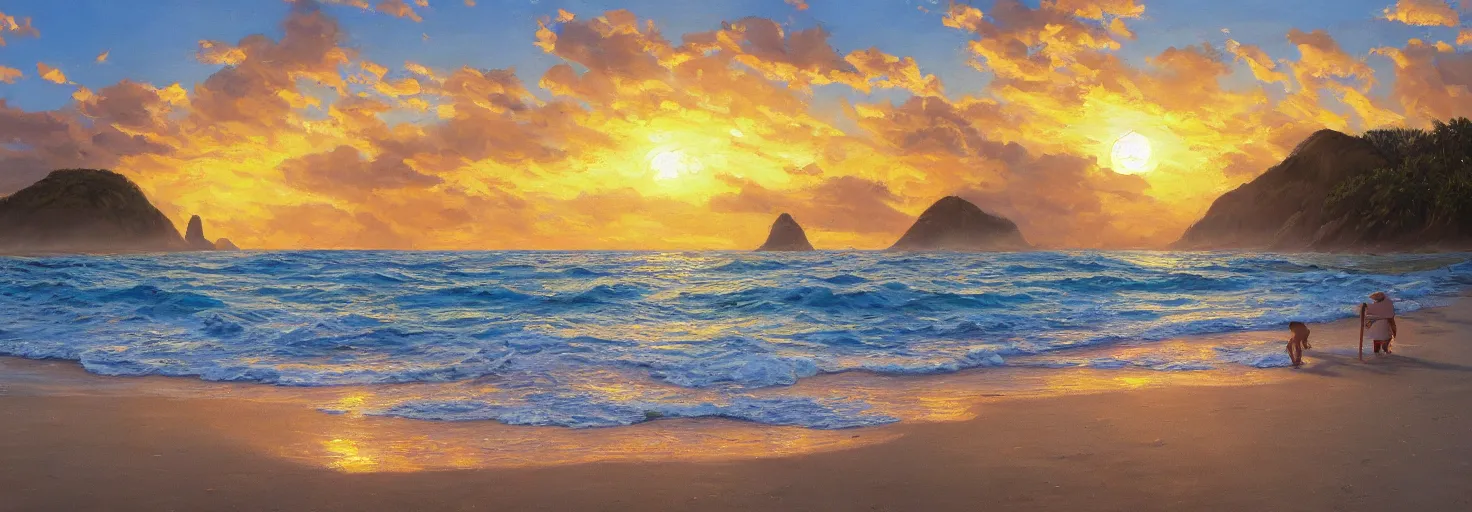 Prompt: a beautiful award - winning oil painting of an epic beach golden hour with perfect weather in roblox, trending on artstation, hd, 3 2 k, unreal engine, octane render, concept art, masterpiece