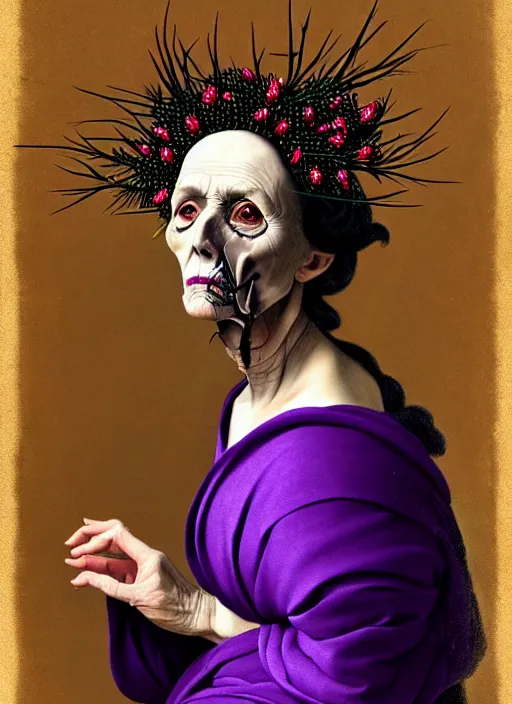 Prompt: portrait of a old year woman with a wreath of thorns a dress of bones and piony snake smoke, purple colour scheme, full length, masterpiece, dark background, art by caravaggio, artstation