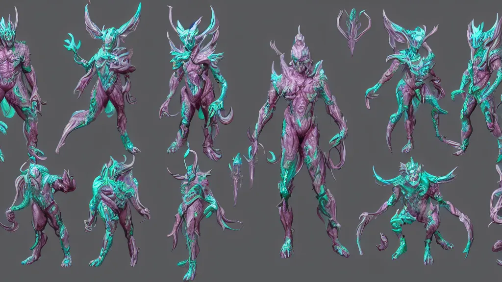 Prompt: a fantasy Bright iridescent ghost demon with four arms character design sheet, trending on artstation