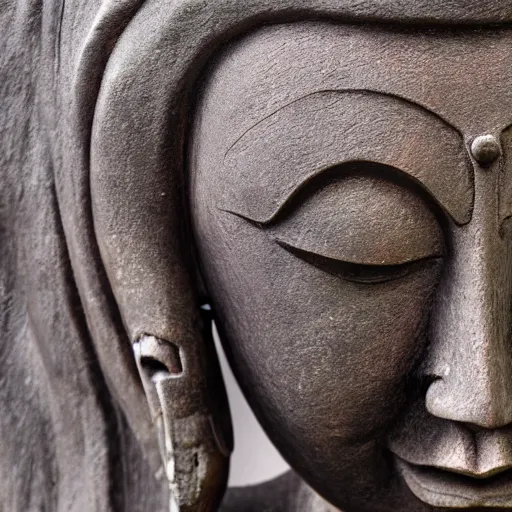 Image similar to a 4 k photorealistic buddha sculpture in thailand with headphones eyes closed