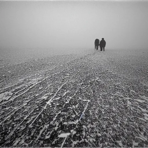 Image similar to photo of kansas flint hills covered in ice and snow, during a snowstorm. a old man in a trench coat and a cane appears as a hazy silhouette in the distance, looking back over his shoulder. cold color temperature. blue hour morning light, snow storm. hazy atmosphere. humidity haze. kodak ektachrome, greenish expired film, award winning, low contrast.