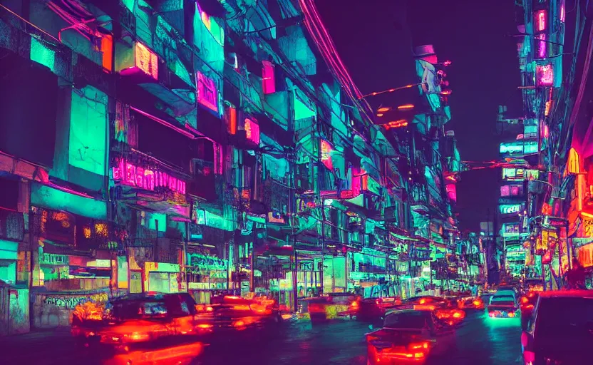 Prompt: mexico city in the future, night time cyberpunk neon
