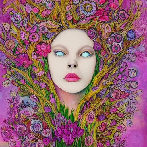 Prompt: a painting of a woman's face surrounded by flowers, a surrealist painting by alice mason, deviantart, psychedelic art, psychedelic, biomorphic, detailed painting