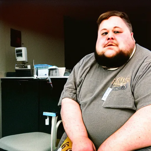 Prompt: close up portrait of fat redneck man in dirty clothes sitting in hospital waiting room, award winning, kodak gold 2 0 0,