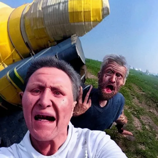 Image similar to 2 0 2 2 last selfie of last alive of frightened funny ukrainian is trying to escape, badly injured from radiation from a huge nuclear explosion, a nuclear missile flies right at him