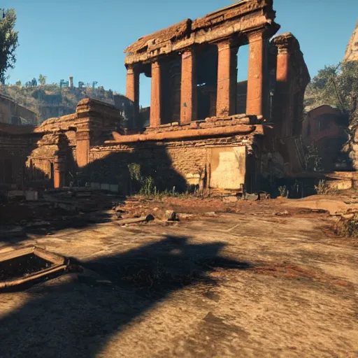 Prompt: Valle dei Templi, Agrigento, Italy in ruins post-nuclear war in Fallout 4, in game screenshot