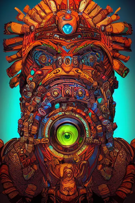 Image similar to totem animal tribal chaman vodoo mask feather gemstone plant wood rock video game illustration vivid color borderlands by josan gonzales and dan mumford radiating a glowing aura global illumination ray tracing