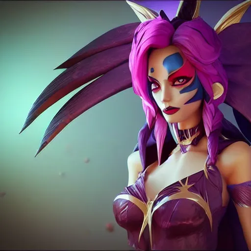 Prompt: still close up of pretty Xayah (League of Legends) in KDA More music video. 3d render, octane render, game art, realistic, highly detailed, trending on artstation, 4k, trending on artstation, pixar, cgsociety, unreal engine 5, redshift render, trending on artstation, blender, behance, cg