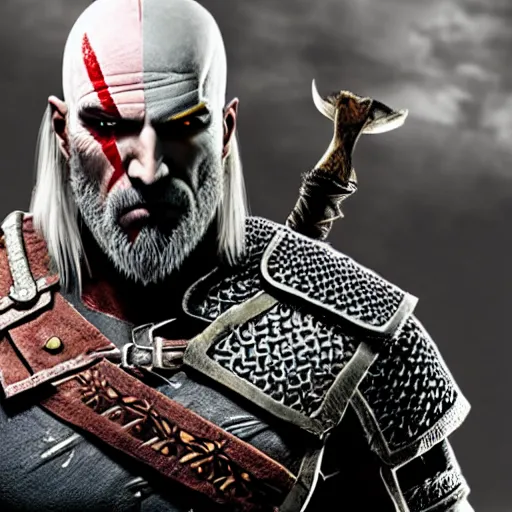 Image similar to geralt of rivia as kratos in god of war: ragnarok