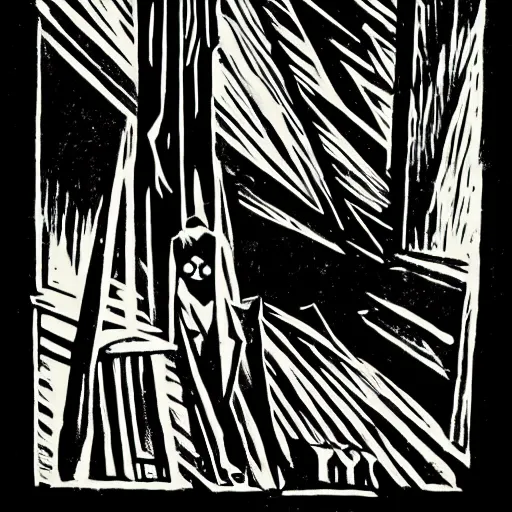 Prompt: cabinet of dr caligari, linocut print,