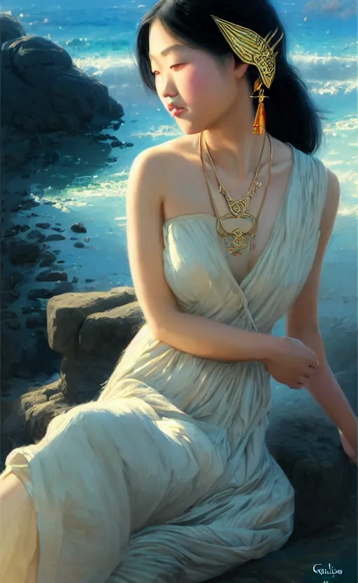 Image similar to a beautiful young charming asian goddess with sundress and jewelry | | winter, realistic shaded, unpleasant face, good looking, fine details, dior, lv, realistic shaded lighting poster by greg rutkowski, macoto takahashi, magali villeneuve, artgerm, jeremy lipkin and michael garmash