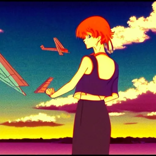 Image similar to woman watching a plane fly away in sunset, sprite, vaporwave nostalgia, directed by beat takeshi, visual novel cg, 8 0 s anime vibe, kimagure orange road, maison ikkoku, sketch by osamu tezuka, directed by makoto shinkai and beat takeshi