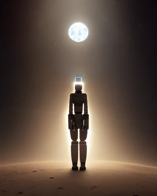 Image similar to a robot standing in front of a glowy open door that's on a barren moon, poster art by mike winkelmann, trending on cg society, space art, sci - fi, ue 5, futuristic, volumetric lighting, light casting onto the ground, neat composition and camera angle