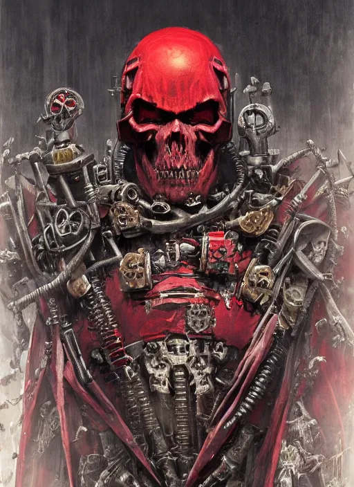 Image similar to portrait of rotten zombie skull adeptus mechanicus in red hood and robe from Warhammer 40000. Highly detailed, artstation, illustration by and John Blanche and zdislav beksinski and wayne barlowe