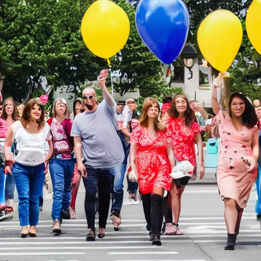 Image similar to A large group of people parading through the street each holding balloons, calm afternoon, natural lighting.