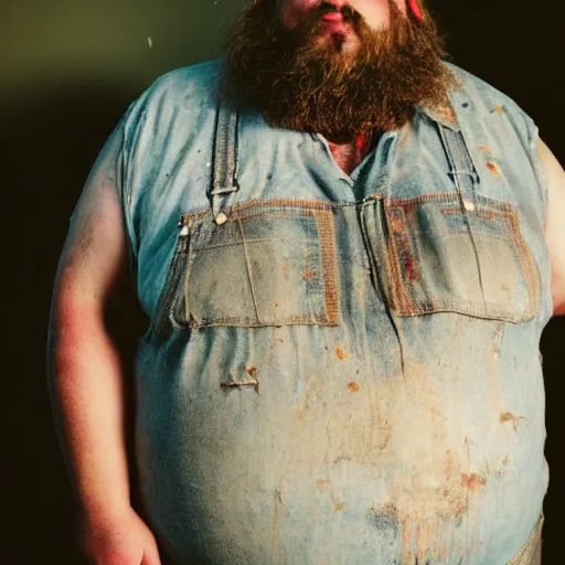 Image similar to obese redneck man with long beard wearing dirty and tattered overalls shirt, close up, kodak gold 2 0 0,