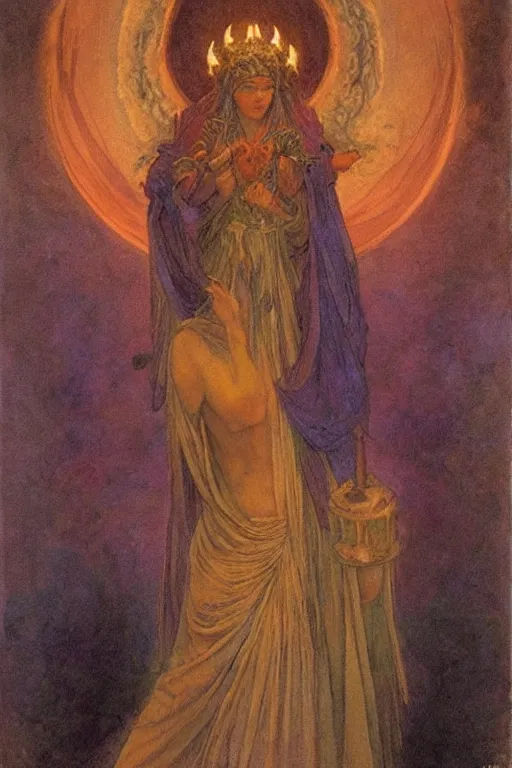 Prompt: goddess of the moonlit dead with her lantern and regalia, by Annie Swynnerton and Nicholas Roerich and jean delville, dramatic cinematic lighting , ornate headdress , flowing robes, lost civilizations, extremely detailed