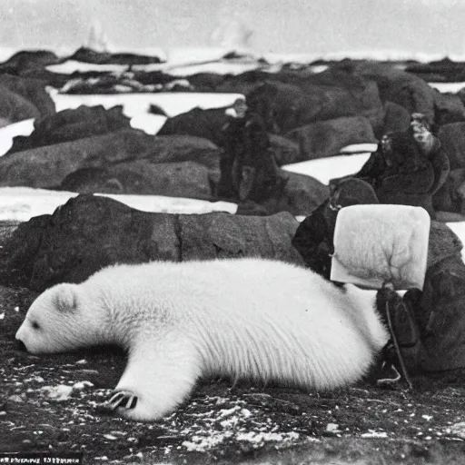 Image similar to portrait of an inuit observing an ice bear in the arctic tundra, 1 9 0 0 s photography