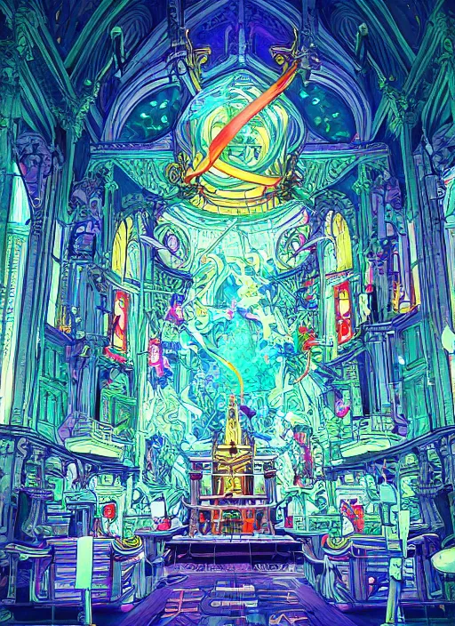 Image similar to the church of anime, an ultrafine detailed 3 d render by james jean, intricate linework, bright colors, final fantasy, behance contest winner, vanitas, angular, altermodern, unreal engine 5 highly rendered, global illumination, radiant light, detailed and intricate environment