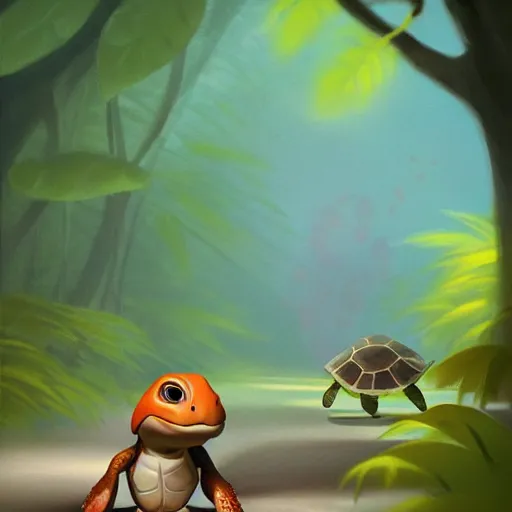 Image similar to Goro Fujita a portrait a cute turtle walking very happy with her baby through the jungle, painting by Goro Fujita, sharp focus, highly detailed, ArtStation