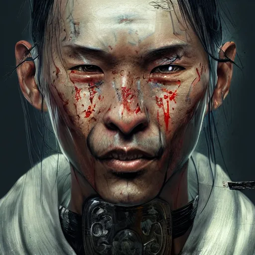 Prompt: Sickly diseased dying Samurai warrior, portrait by Cedric Peyravernay, highly detailed, excellent composition, cinematic concept art, dramatic lighting, trending on ArtStation