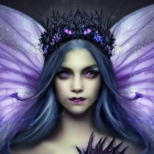 Image similar to detailed portrait of a dark fairy queen with wings, crown, pixie, iris, realism, emerald, galaxy, sapphire,dark purple crown,leaves, moonlit, dark fantasy, dramatic lighting, cgsociety, artstation