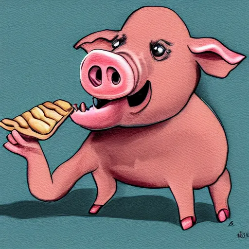 Image similar to a realistic pig eating a rasher of bacon. detailed, digital painting, cartoon style,