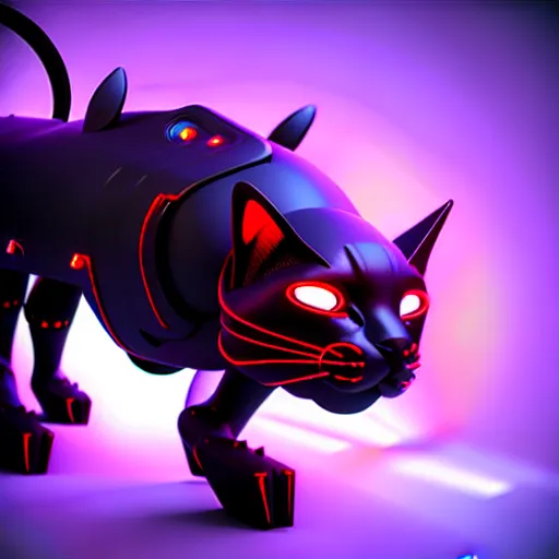 Image similar to cybertronic devil cat , 3d render , LEDs , octane render , 4k , rim lighting