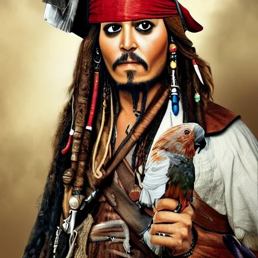 Image similar to jack sparrow with a parrot on the shoulder, portrait, 8k resolution, hyper detailed, realistic eyes, studio lighting, cinematic