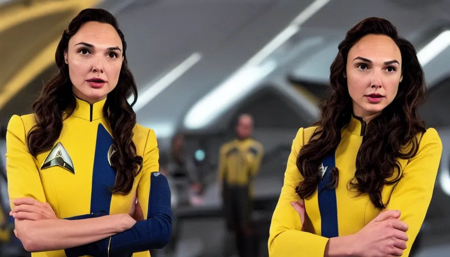 Image similar to Gal Gadot, wearing a yellow uniform, is the captain of the starship Enterprise in the new Star Trek movie