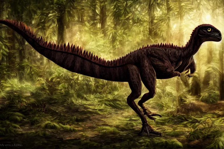 Prompt: highly detailed photograph of a oil velociraptor!! in the forest, featured on pixiv