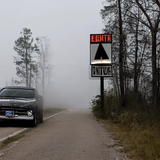 Image similar to The headlights of the car directly illuminated the entrance sign to the town. The vehicle, stopped at the side of the road, was barely visible under the blanket of darkness that the trees unfolded around it.