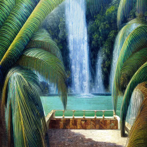 Image similar to a ultradetailed beautiful painting of the diamonds waterfall in the amazonas palace balustrade designed by jules bastien - lepage, tarsila do amaral, frank weston and gustave baumann, beach, trending on artstation, mediterranean, palm trees, sharp focus, soft light, 8 k 4 k