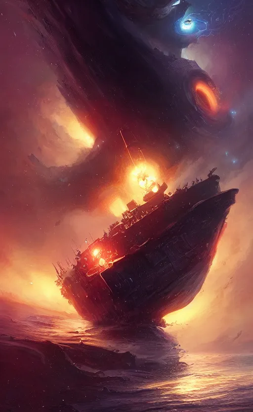 Prompt: a beautiful illustration of a black hole devouring a pirate ship in a galactic nebula, art of greg rutkowski and magali villeneuve and artgerm, featured on artstation, vertical orientation