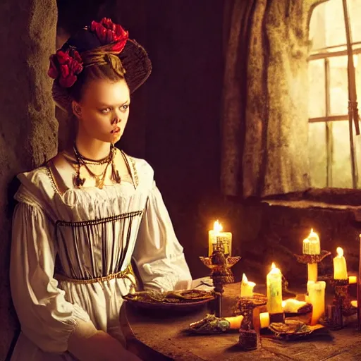 Image similar to frida gustavsson wearing 1 8 th century stay in a medieval tavern at night with candles, wow 4 k detail fantasy, matte painting, realistic materials, photo realistic, postprocessing, cinematic, hyperrealistic, studio lighting, ekaterina, the tudors, photography by richard jenkins