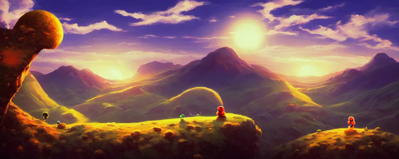 Image similar to detailed round pacman, with ghosts, in a beautiful nature landscape with clouds, mountains, in background, sunset, by rhads, round pacman, detailed, coherent