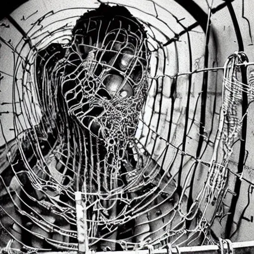 Prompt: “ugly filthy gross fleshy raw meat insectoid cybernetic mummy knight wrapped in barbed wire standing in a filthy dirty small server room covered with graffiti, garbage and networking cables. David Cronenberg. Body horror style. 35mm.”