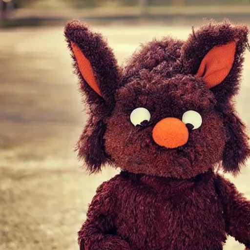 Image similar to a fluffy brown furred elmo with big soft rabbit ears wearing a karate uniform out in nature, photography, photorealistic, muppet, national geohraphic