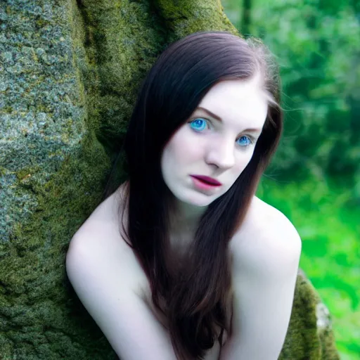 Prompt: beautiful scottish dark haired young woman with pale skin and piercing blue eyes, coy, grateful, humble