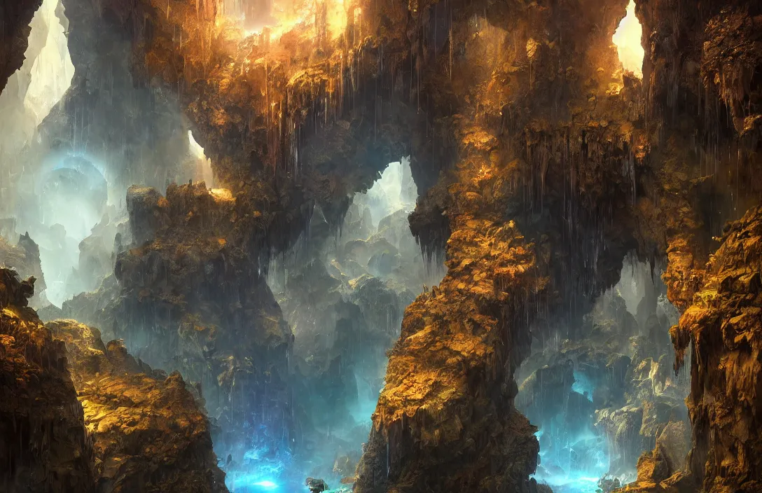 Prompt: a huge cave with a light portal far away in the style of stephan martiniere, detailed dreamscape, hyperreal phantastic, intricate details in environment, golden ratio, high aestehtic, waterfalls and lakes, cinematic light dramatic light, lightrays, flying birds in distance, trending on artstation