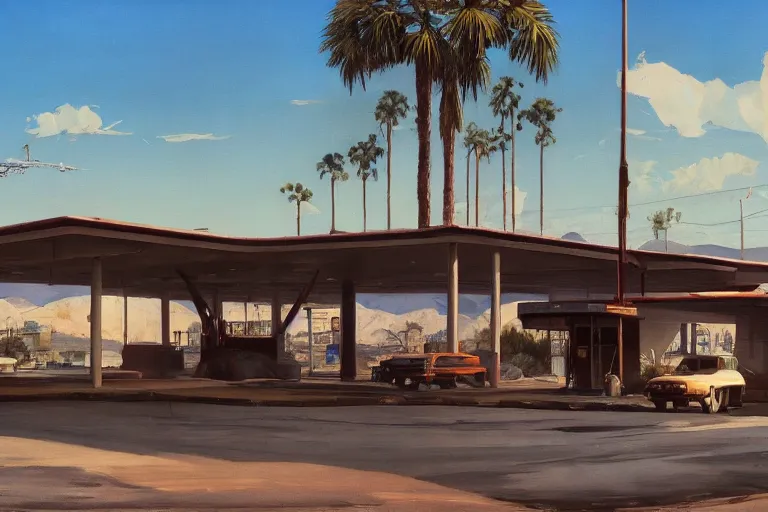 Image similar to natural american landscape | abandoned gas station | palm trees | snowy mountains, painting by syd mead and weta studio and james jean, frank frazetta, highly detailed, rule of third, soft lighting, 8 k resolution, oil on canvas, architectural magazine, beautiful detailed, insanely intricate details, artstation trending, hypermaximalistic, high details, cinematic